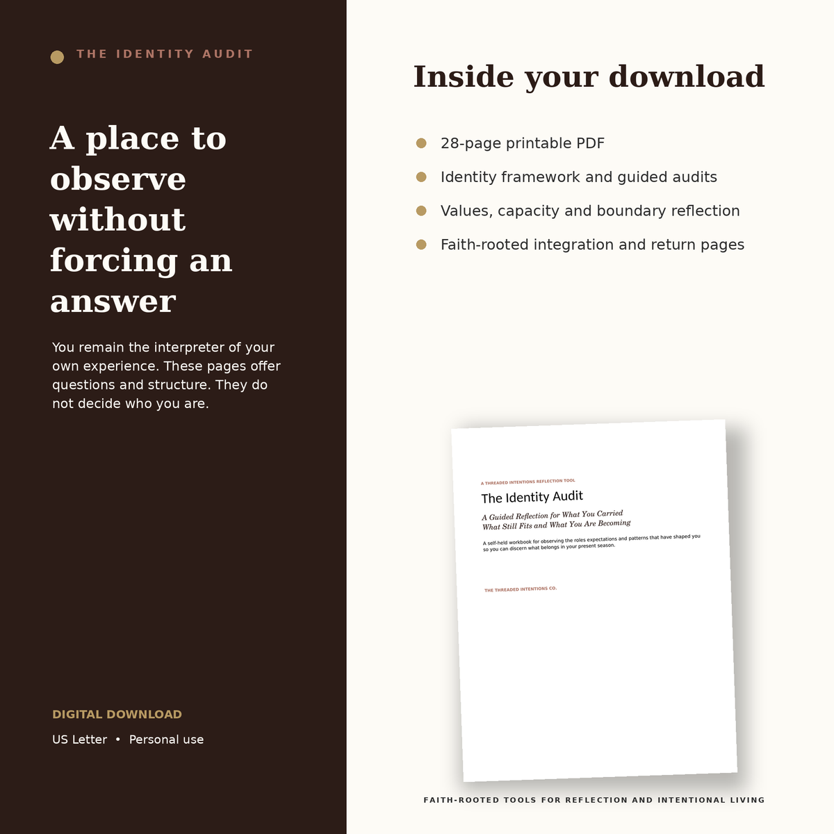 The Identity Audit digital workbook details, including 28 printable pages and faith-rooted guided reflection.