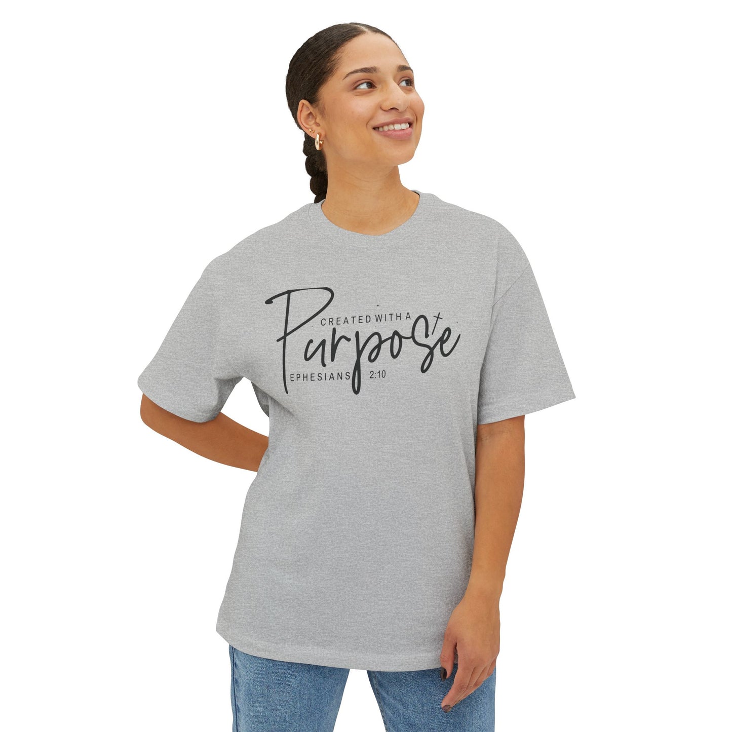 Boxy Tee — “Created With Purpose” Minimal Script Graphic Shirt