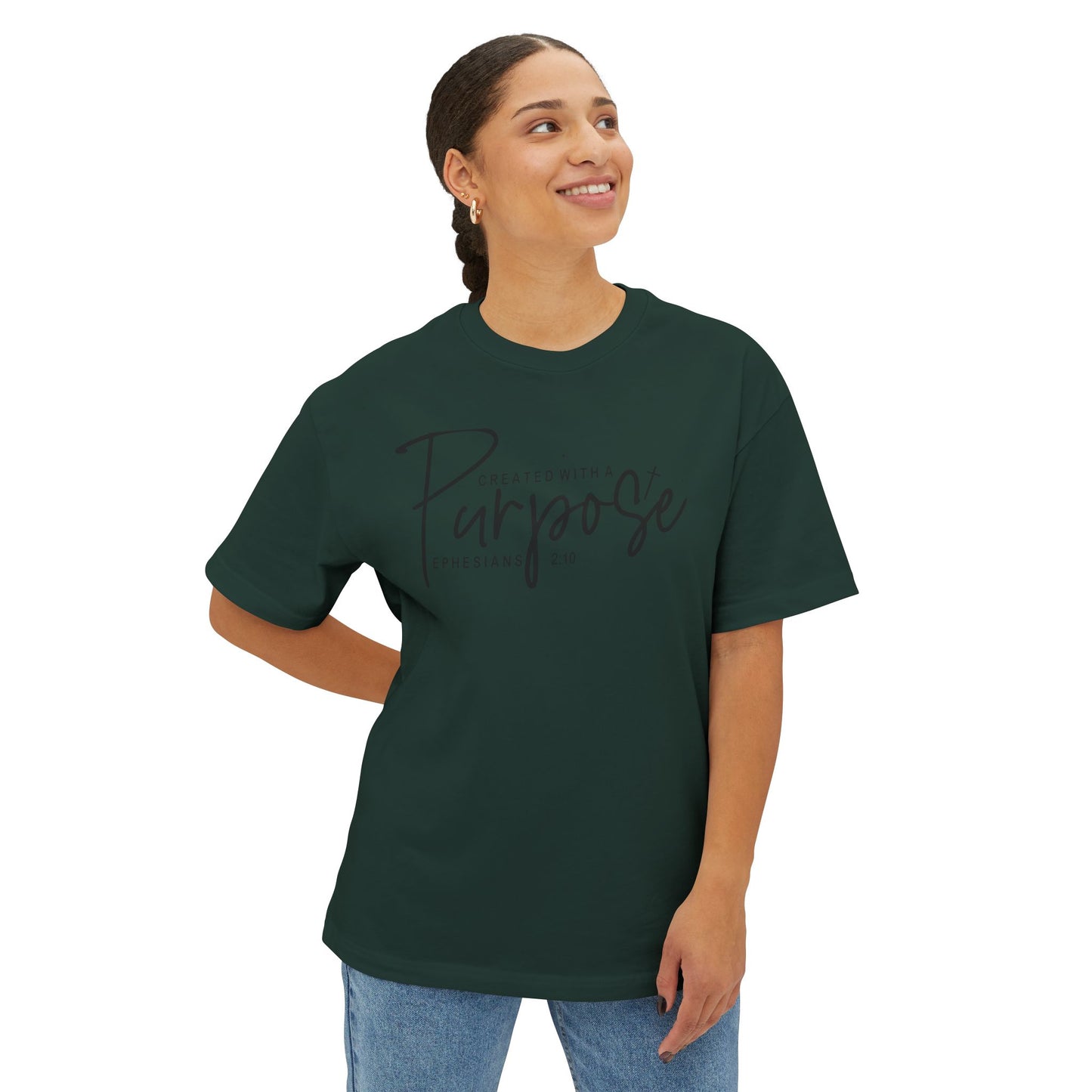 Boxy Tee — “Created With Purpose” Minimal Script Graphic Shirt