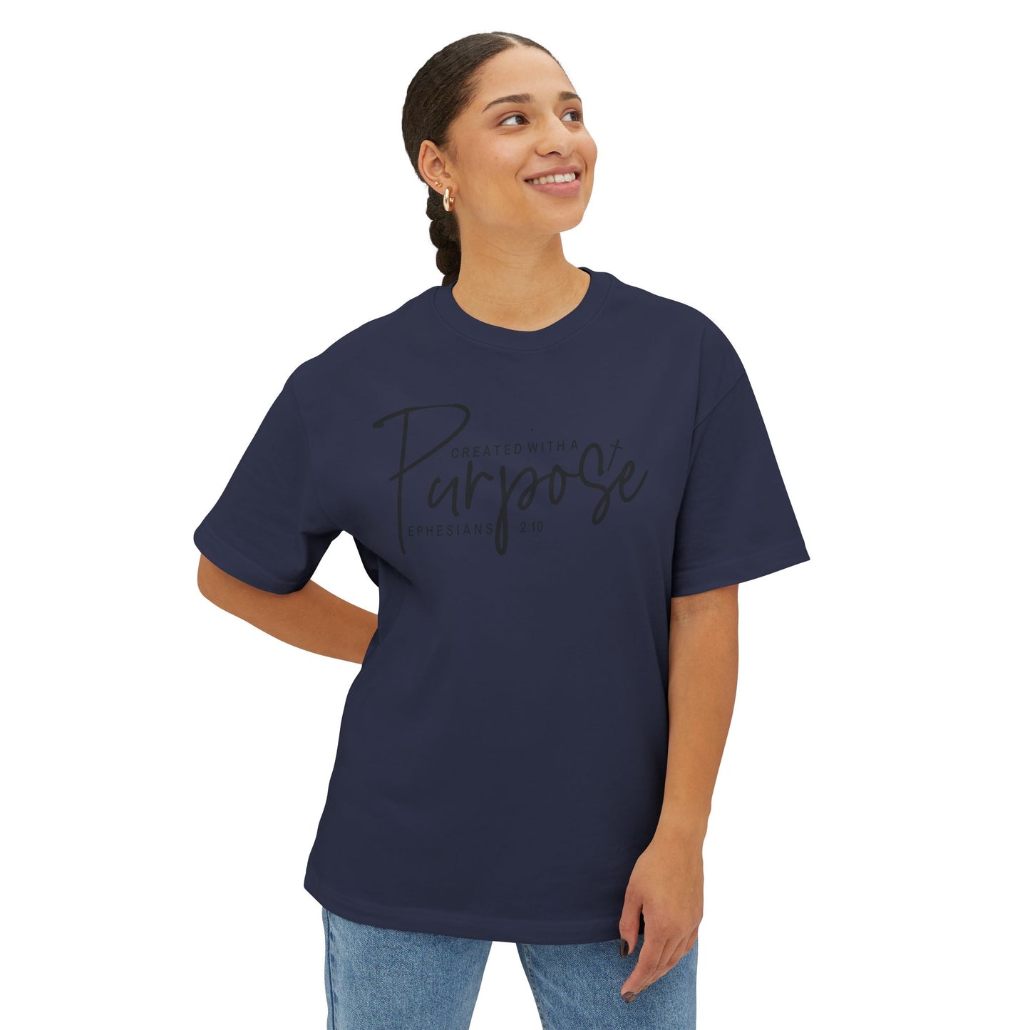 Boxy Tee — “Created With Purpose” Minimal Script Graphic Shirt