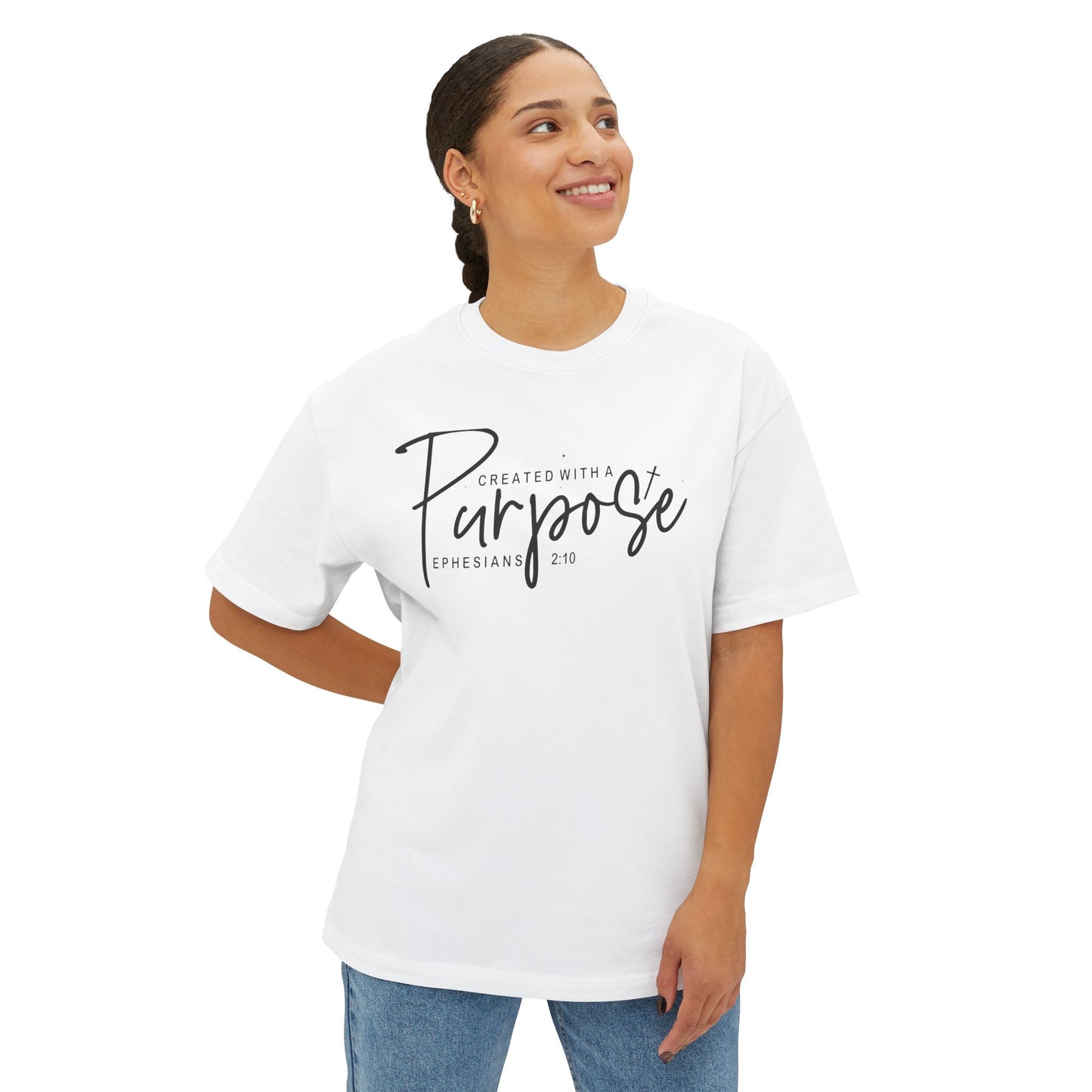 Boxy Tee — “Created With Purpose” Minimal Script Graphic Shirt
