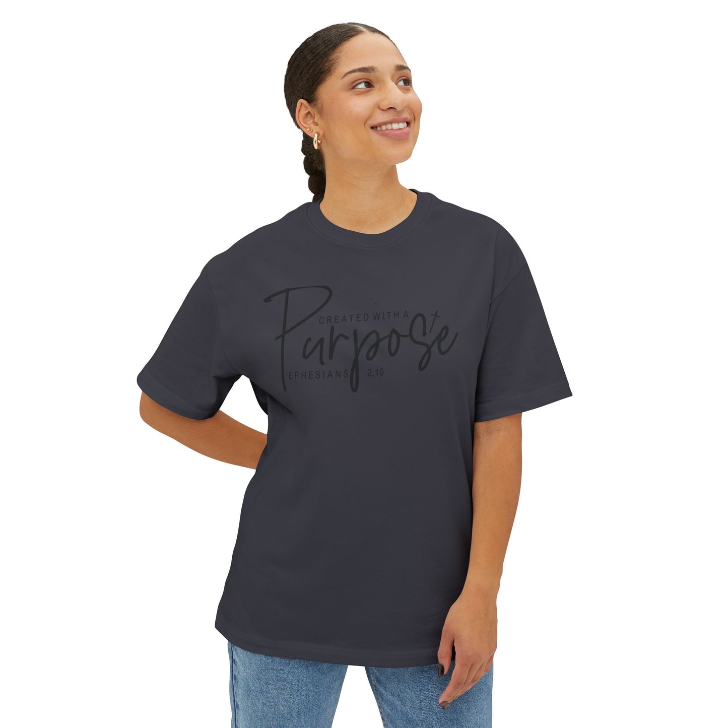 Boxy Tee — “Created With Purpose” Minimal Script Graphic Shirt