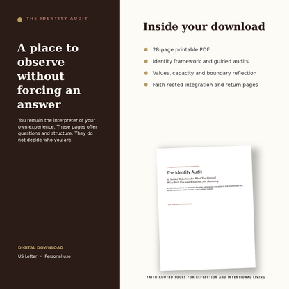 The Identity Audit digital workbook details, including 28 printable pages and faith-rooted guided reflection.
