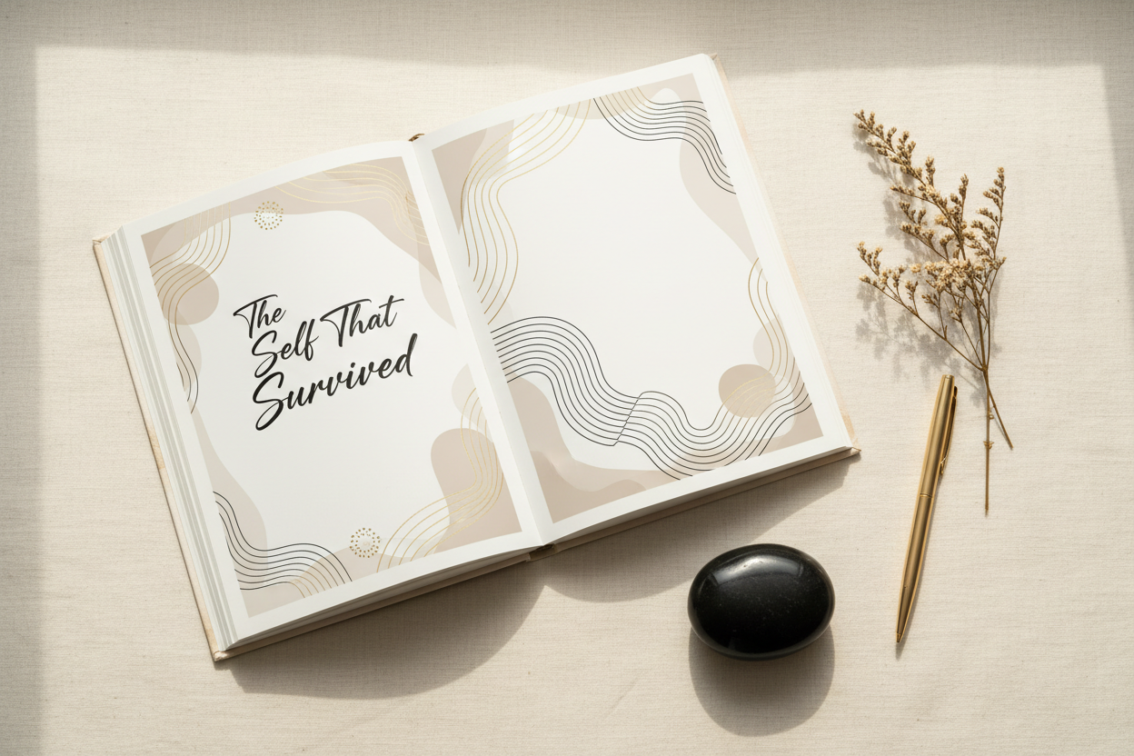 The Self That Survived Workbook — an open healing workbook on cream linen with a gold pen, dried florals, and a smooth black stone
