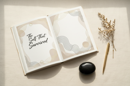 The Self That Survived Workbook — an open healing workbook on cream linen with a gold pen, dried florals, and a smooth black stone