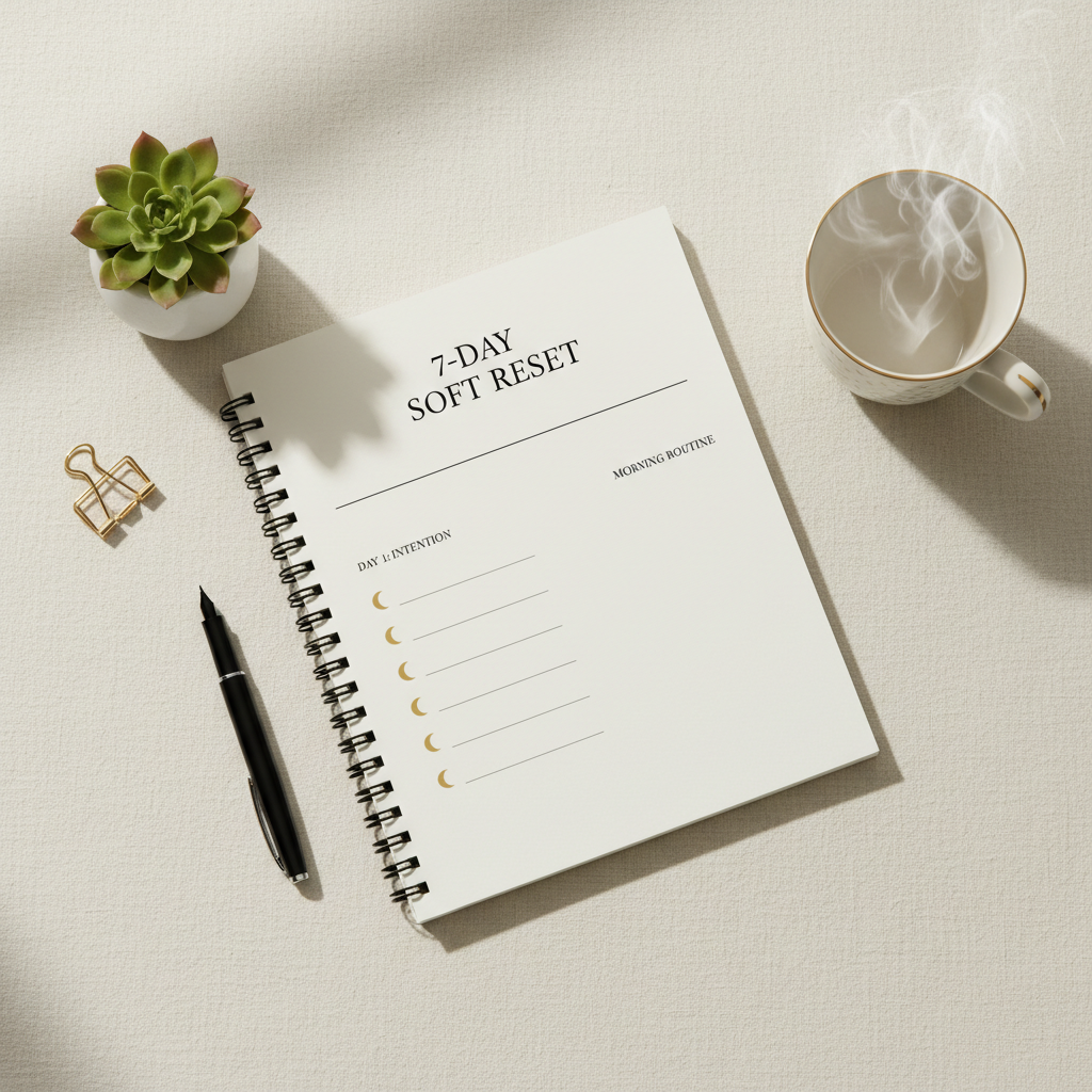 7-Day Soft Reset Workbook open on cream linen with a black pen, succulent, gold paper clip, and steaming mug