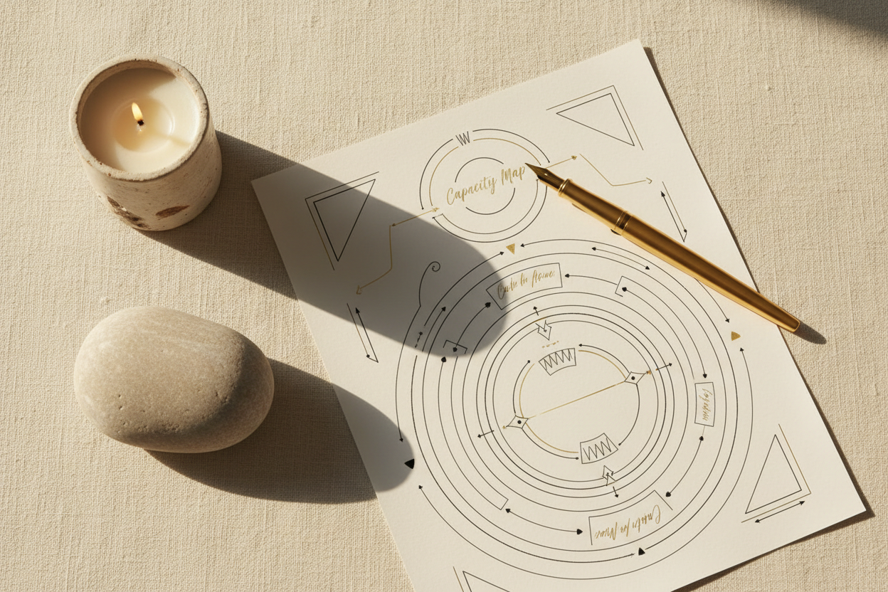 Capacity Map — a printed digital reflection worksheet on cream linen with a gold pen, cream candle, and river stone