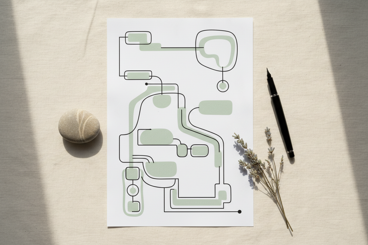 Nervous System Pattern Scan — a printed digital worksheet on cream linen with a black pen, dried lavender, and a smooth stone