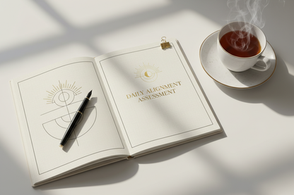 Daily Alignment Assessment — an open printed workbook on cream linen with a black pen, gold paper clip, and a steaming cup of tea